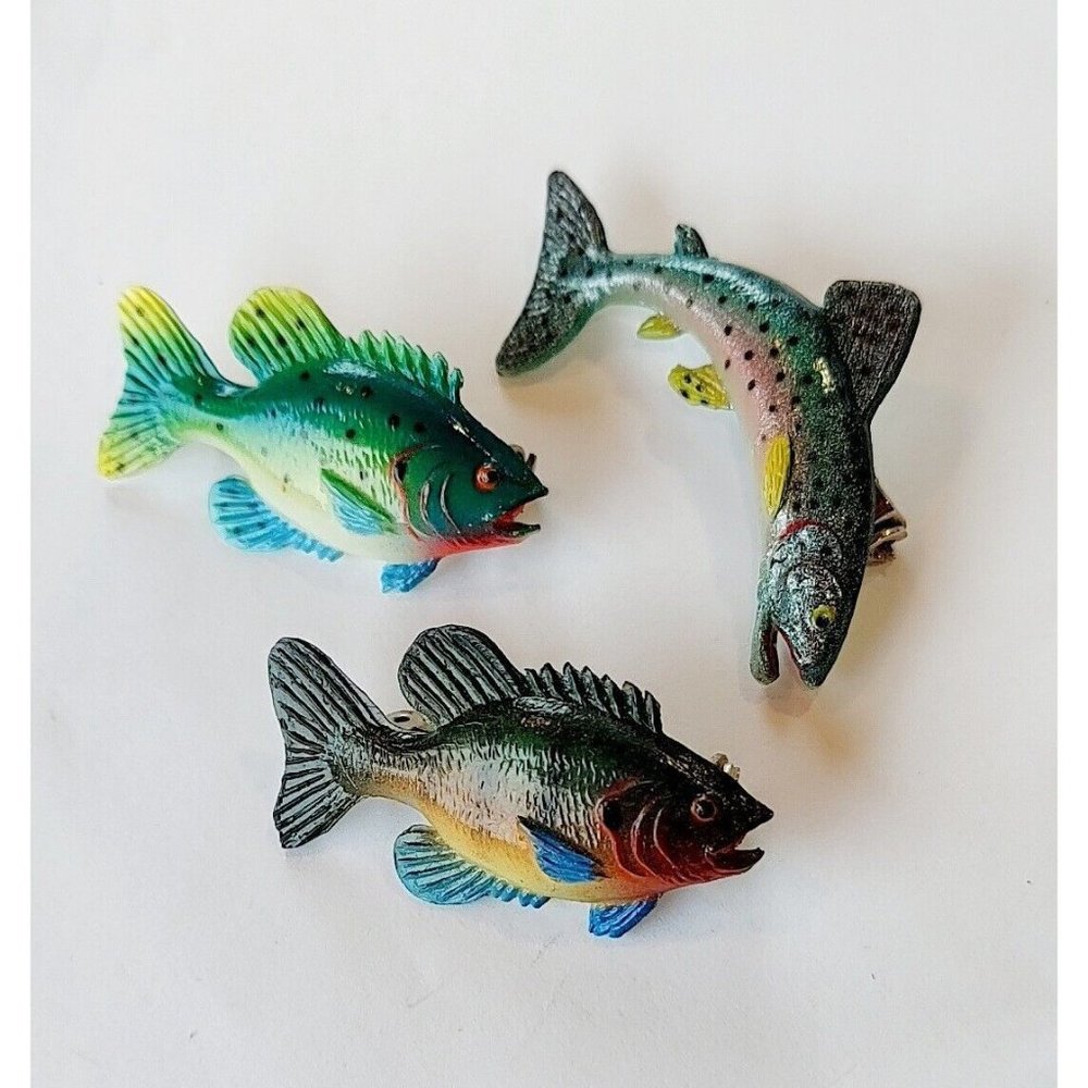 Lot of 3 Fish Brooch Pins Vintage Acrylic + Free Gift Bag Greens Blues 1-2"